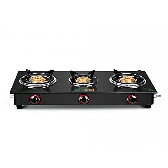 GREENCHEF Elon Glass cook top 3 Burner Gas stove,Black Body (Manual Ignition)