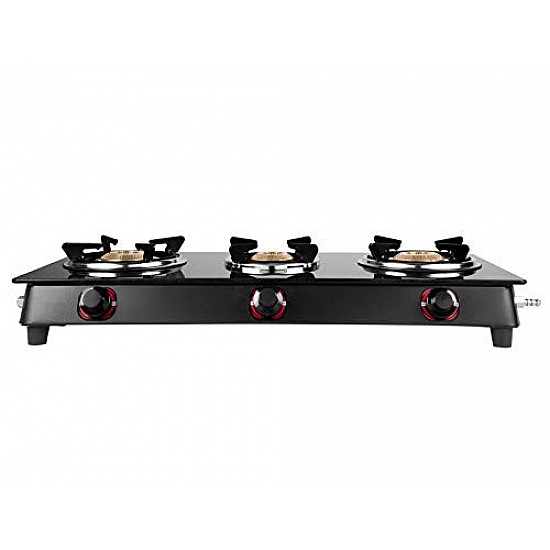 GREENCHEF Elon Glass cook top 3 Burner Gas stove,Black Body (Manual Ignition)