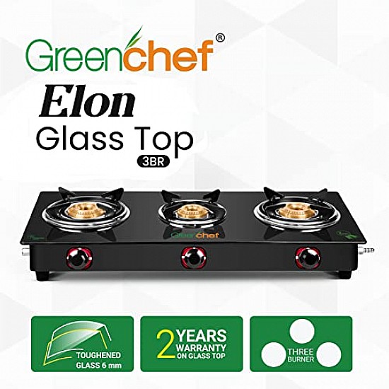 GREENCHEF Elon Glass cook top 3 Burner Gas stove,Black Body (Manual Ignition)