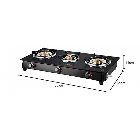 GREENCHEF Elon Glass cook top 3 Burner Gas stove,Black Body (Manual Ignition)