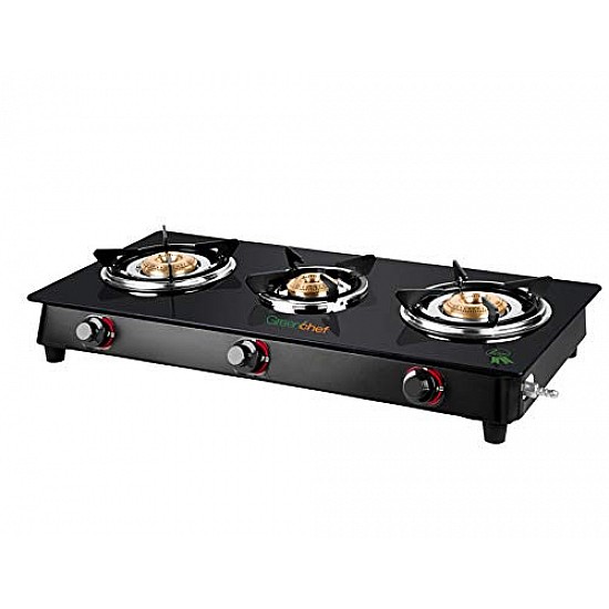 GREENCHEF Elon Glass cook top 3 Burner Gas stove,Black Body (Manual Ignition)