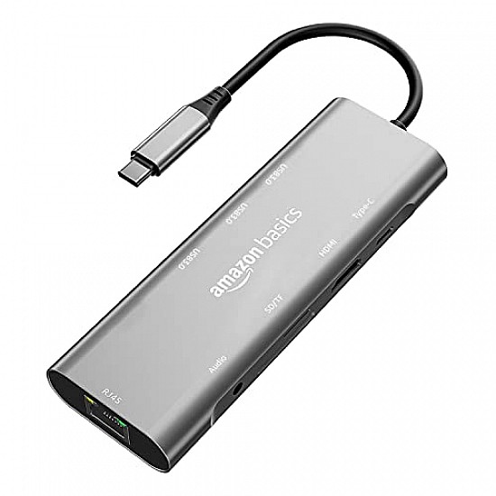 Amazon Basics USB-C Hub Dock 9-in-1 Aluminium Type-C Adapter with 4K HDMI, Ethernet 1000mbps Windows USB-C Devices