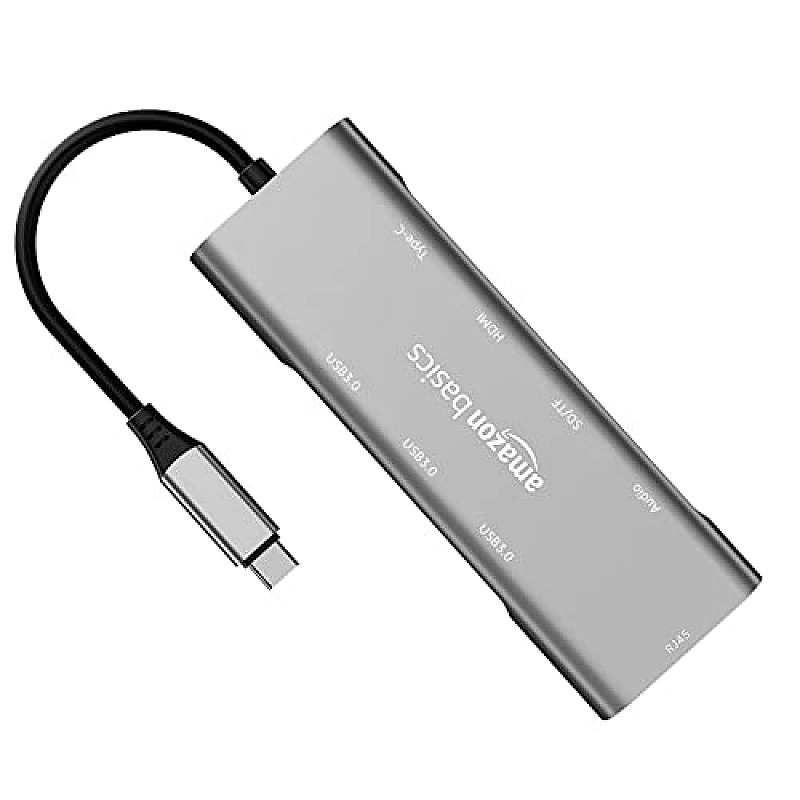 Amazon Basics USB-C Hub Dock 9-in-1 Aluminium Type-C Adapter with 4K HDMI, Ethernet 1000mbps Windows USB-C Devices