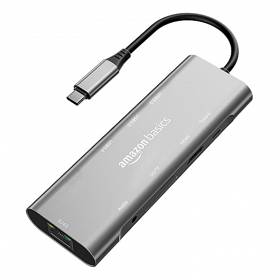 Amazon Basics USB-C Hub Dock 9-in-1 Aluminium Type-C Adapter with 4K HDMI, Ethernet 1000mbps Windows USB-C Devices