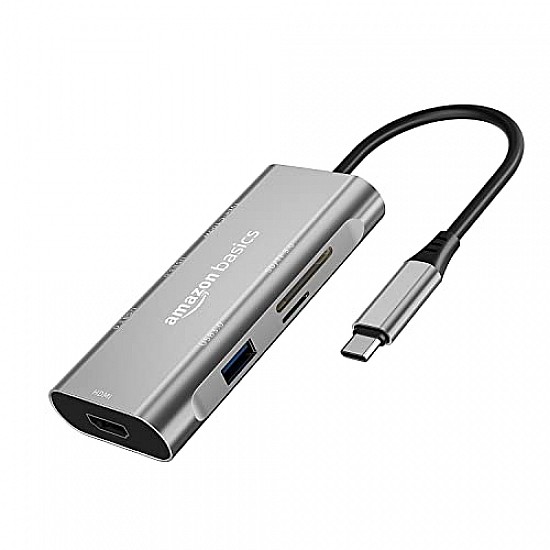 Amazon Basics USB-C Hub Dock 7-in-1 with 4K 30HZ HDCP Compliant, Aluminium Type C Adapter with 4K HDMI Port