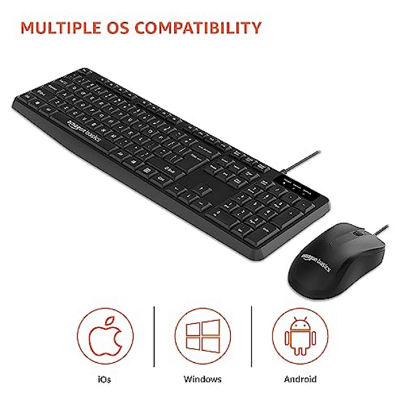 Amazon Basics Wired Keyboard and Mouse Combo l 1200 DPI l for Windows, Mac OS Computer