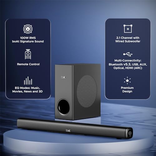boAt Aavante Bar Mystiq Soundbar with 100W RMS Signature Sound, 2.1 CH,Multi-Connectivity Modes,BT v5.3 (Pitch Black) boAt Aavante Bar Mystiq Soundbar with 100W RMS Signature Sound, 2.1 CH,Multi-Connectivity Modes,BT v5.3 (Pitch Black)