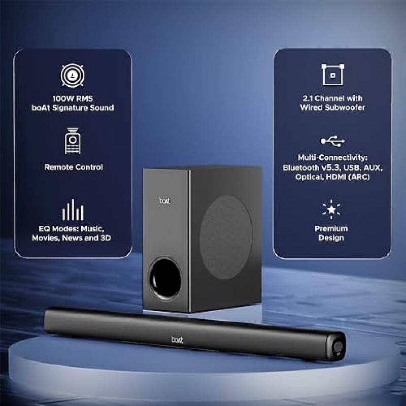 boAt Aavante Bar Mystiq Soundbar with 100W RMS Signature Sound, 2.1 CH,Multi-Connectivity Modes,BT v5.3 (Pitch Black)