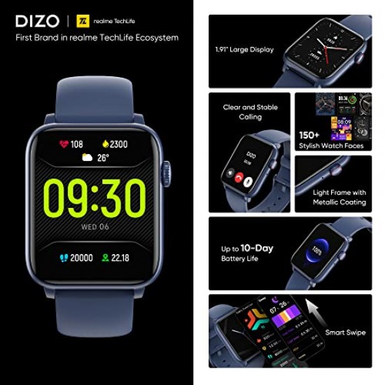 DIZO Watch D2 Power (by realme TechLife) –Large 1.91" Superlight, Single Chipset (Ocean Blue)