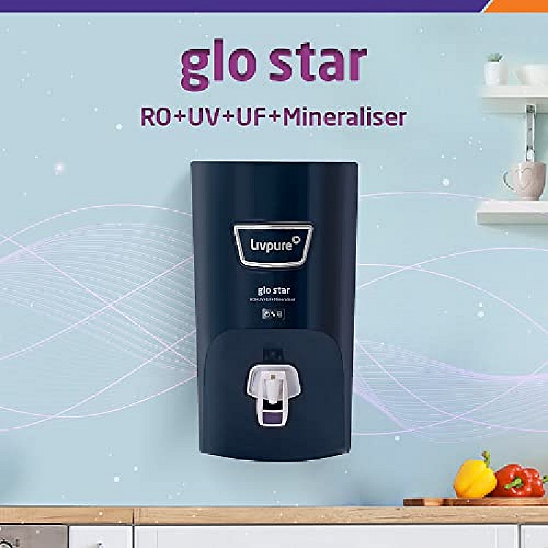 Livpure Glo Star RO+In-Tank UV+UF+Mineraliser 7 L Storage, 15 LPH Water Purifier for Home Blue