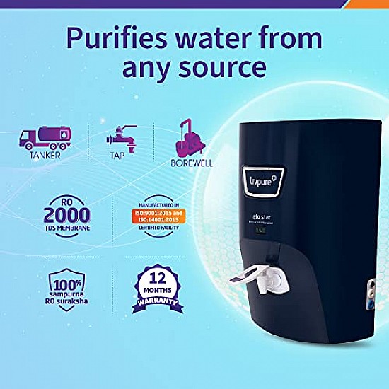 Livpure Glo Star RO+In-Tank UV+UF+Mineraliser 7 L Storage, 15 LPH Water Purifier for Home Blue