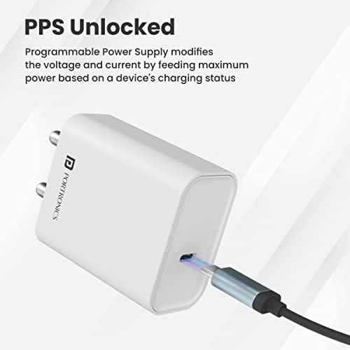 Portronics Adapto 70 33W Fast Wall Charging Adapter, Supports PPS Charging Via Type C Power Delivery & Mach USB Charger WHITE Portronics Adapto 70 33W Fast Wall Charging Adapter, Supports PPS Charging Via Type C Power Delivery & Mach USB Charger WHITE