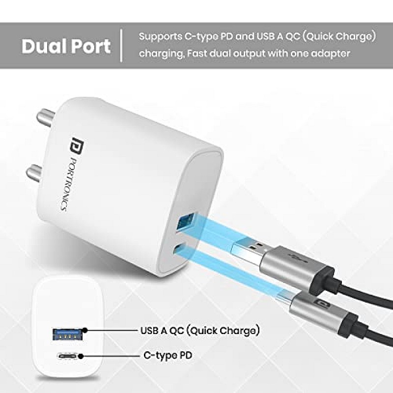 Portronics Adapto 70 33W Fast Wall Charging Adapter, Supports PPS Charging Via Type C Power Delivery & Mach USB Charger  WHITE 