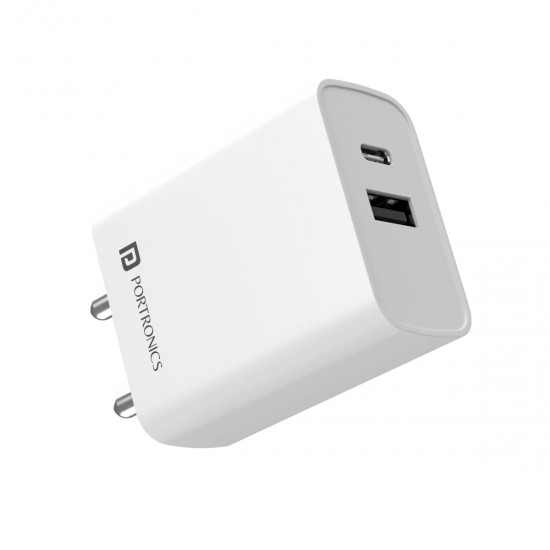 Portronics Adapto 70 33W Fast Wall Charging Adapter, Supports PPS Charging Via Type C Power Delivery & Mach USB Charger  WHITE 