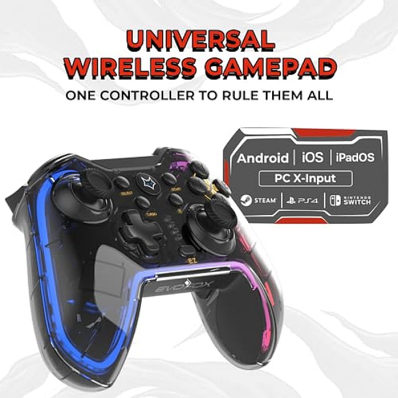 EvoFox One Universal Bluetooth Gamepad For PC, iOS, iPad, Android, and PS4, Dynamic RGB Lights