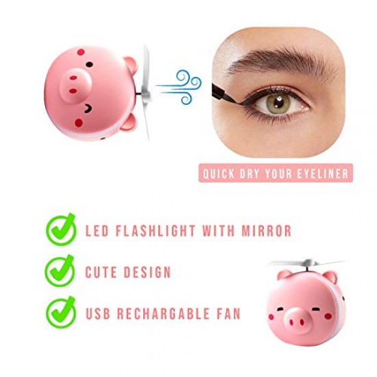 AIRTREE Cute Piggy Mini Cosmetic LED Mirror Light with Silicon Fan, USB Rechargeable Pig Cartoon Travel Makeup Mirror, 