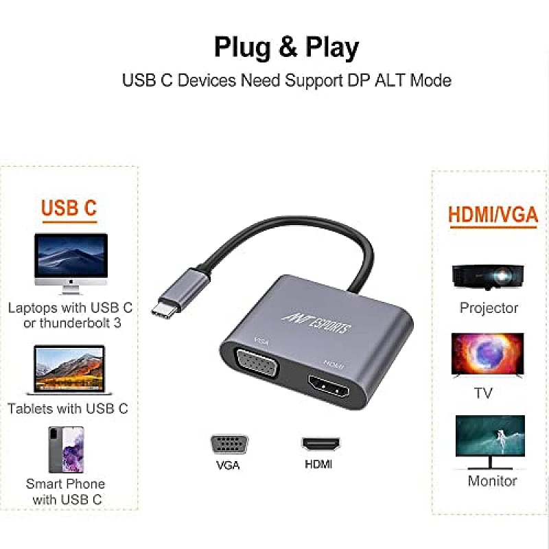 Ant Esports AEC210 2-in-1 USB C to HDMI VGA Adapter, USB C to HDMI 4K 60Hz VGA 1080P 60Hz Converter Silver Grey