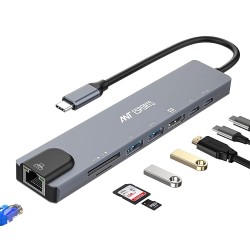 Ant Esports AEC810 8-in-1 USB C HUB HDMI Adapter, Type C Ethernet Card Reader,1*USB 3.0 Ports, Grey