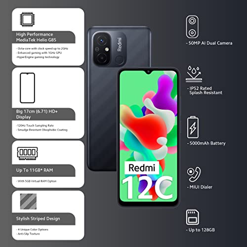 Redmi 12C (Matte Black, 4GB RAM, 64GB Storage) Refurbished