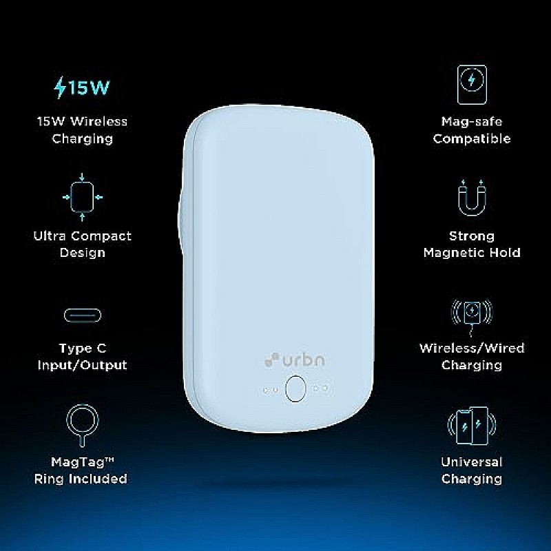 URBN 5000 mAh 15W Fast Wireless Charging  Type C Input Output Magsafe Power Bank Premium  Blue