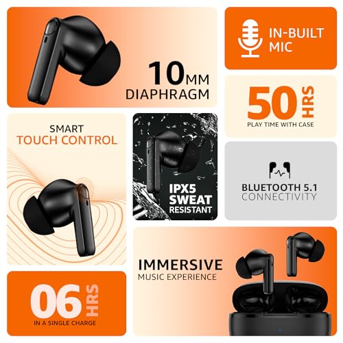 Amazon Basics True Wireless in-Ear Earbuds with Mic, 10MM Dual Drivers, Touch (Black) Amazon Basics True Wireless in-Ear Earbuds with Mic, 10MM Dual Drivers, Touch (Black)