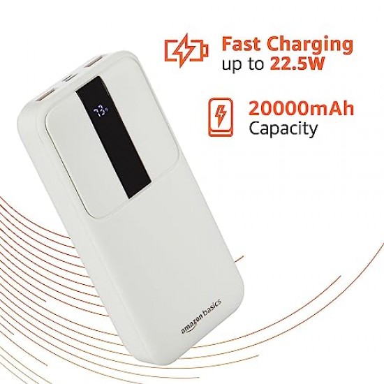Amazon Basics 20000 mAh 22.5W Fast Charging Lithium Polymer Power Bank with Type C Cable Dual Input, Triple Output White
