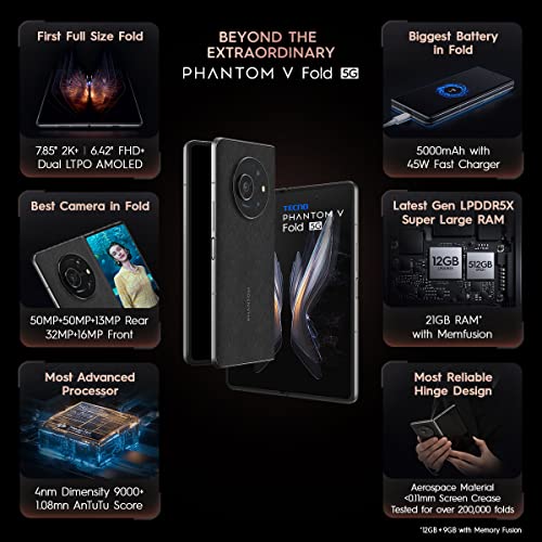 TECNO Phantom V Fold 5G Black (12GB RAM,512GB Storage) Refurbished