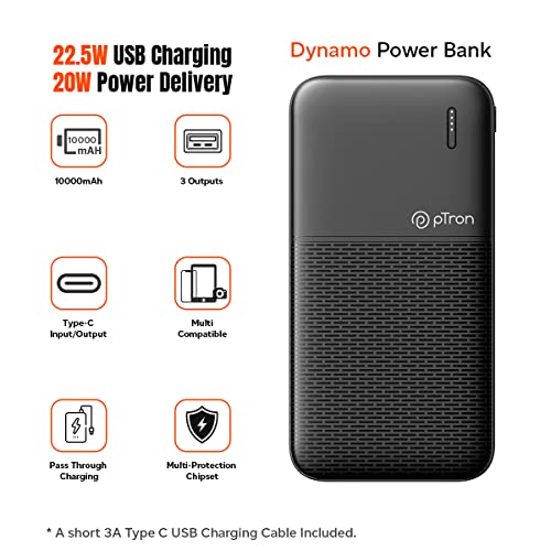 pTron Newly Launched Dynamo 10000mAh 22.5W Power Bank, Made in India, 20W PD Fast Charging (Black) pTron Newly Launched Dynamo 10000mAh 22.5W Power Bank, Made in India, 20W PD Fast Charging (Black)