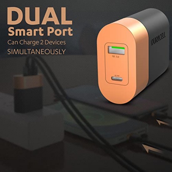 DURACELL 36 Watts Fast Wall Charger Adapter, Type C Power Delivery & QC 3.0 USB Charger Fast Charging 