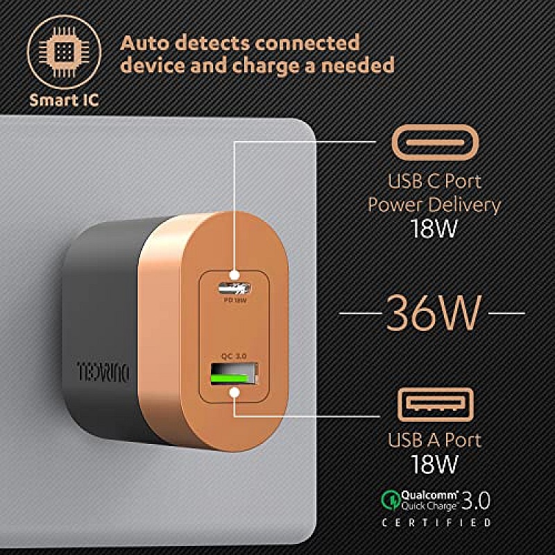 DURACELL 36 Watts Fast Wall Charger Adapter, Type C Power Delivery Fast Charging  black