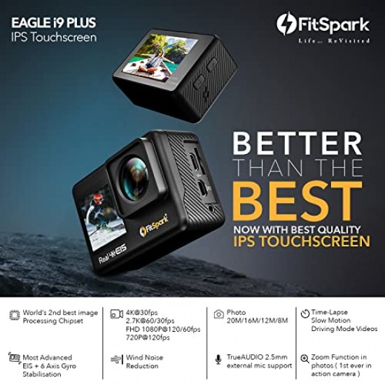 FitSpark Eagle i9 Plus IPS Touchscreen Professional Dual Screen Real 4K 30FPS WiFi Action Camera, 2.5mm External MIC Support