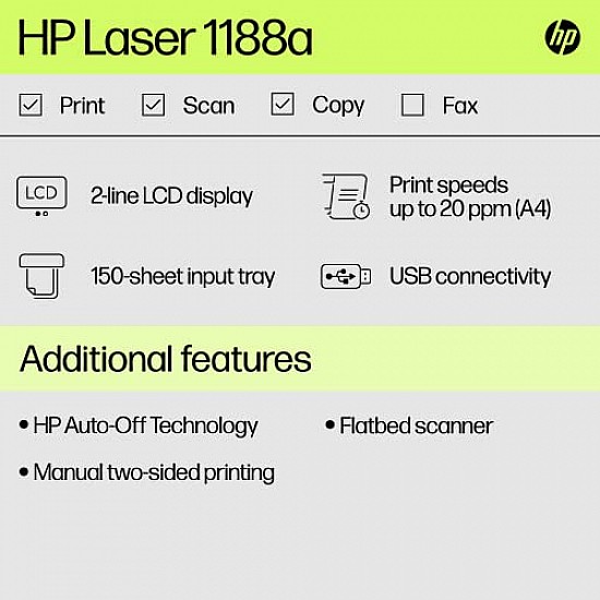 HP Monochrome Laser Printers MFP 1188A, Print, Copy, Scan