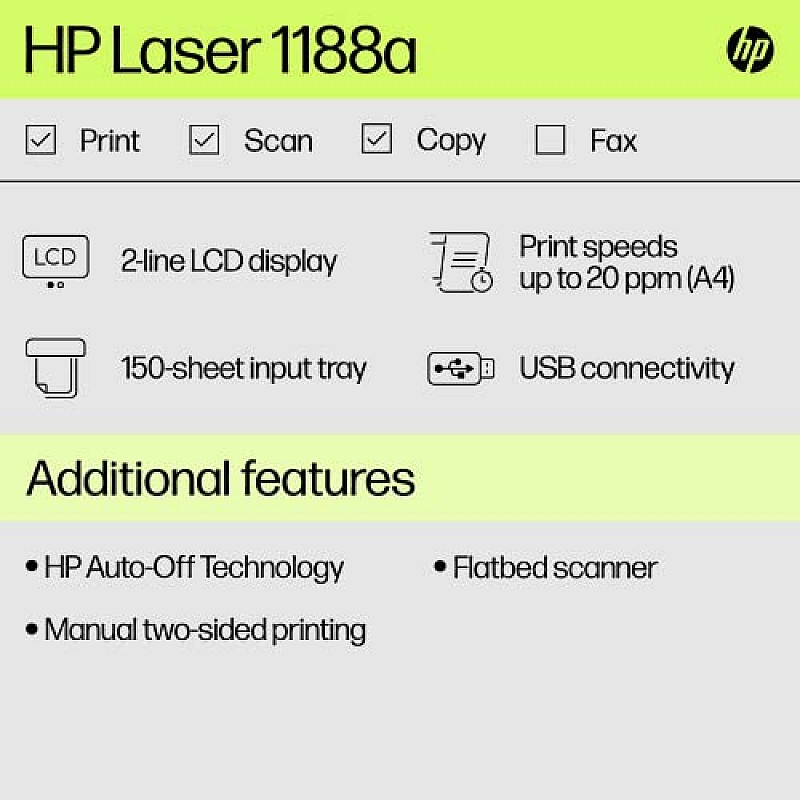 HP Monochrome Laser Printers MFP 1188A, Print, Copy, Scan