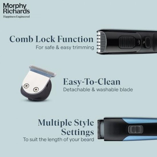 Morphy Richards AstonX BT1110 beard trimmer for men Reachargable Washable Blades Travel friendly beard trimmer Metallic Blue Black