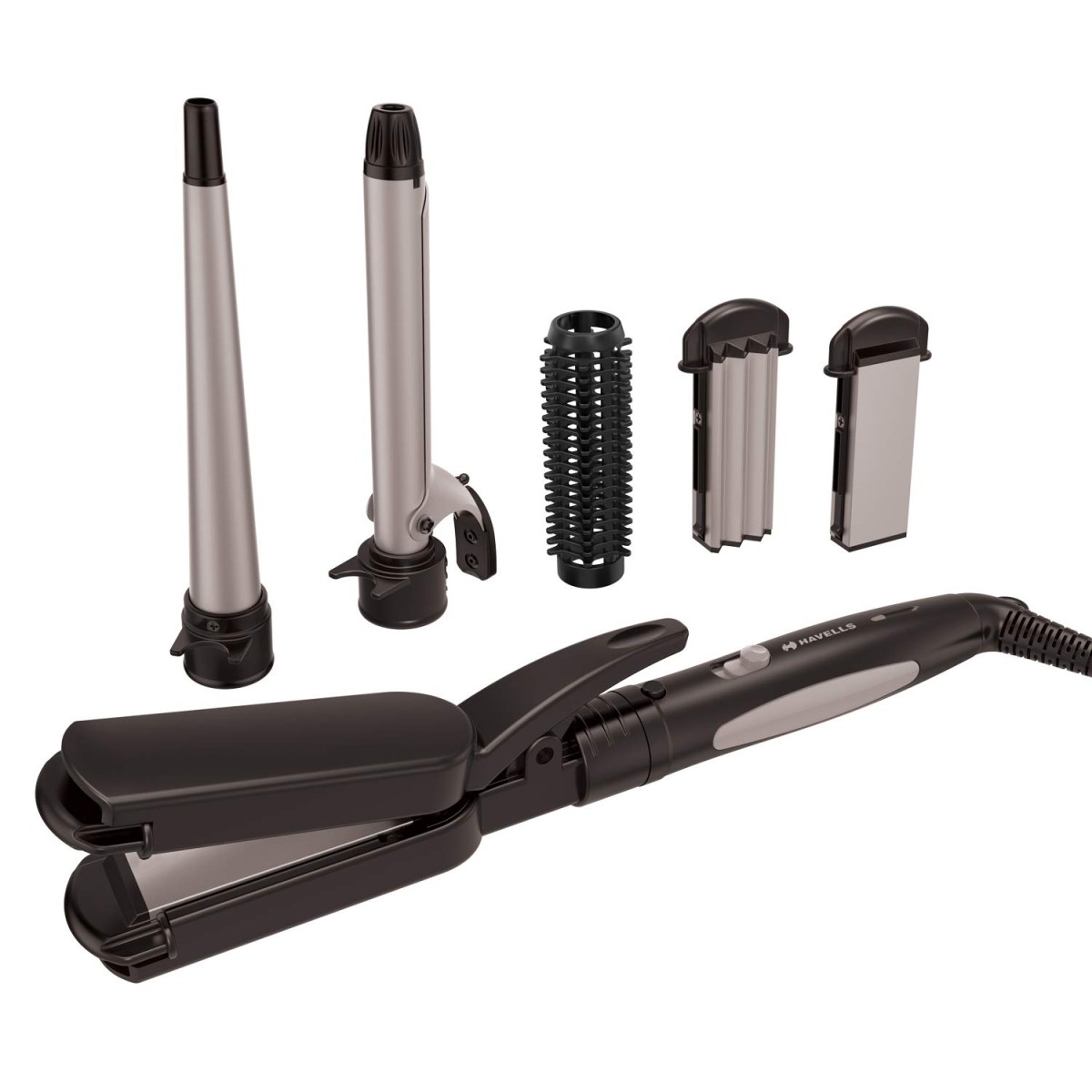 Havells 5-in-1 Multi Styling Kit Straightener, Curler, Crimper, Conical Curler and Volume Brush for Multiple Hair Styles Silver Black HC4045