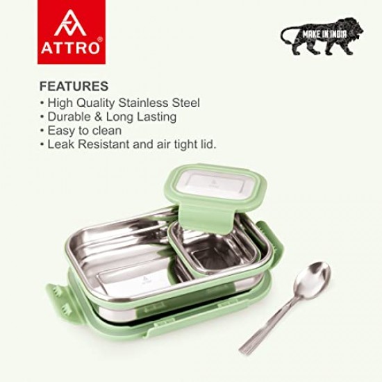 Attro Lunchmate Stainless Steel Airtight Leak-Proof Lunch Box for Office, School, Picnic, 800 Ml  Green