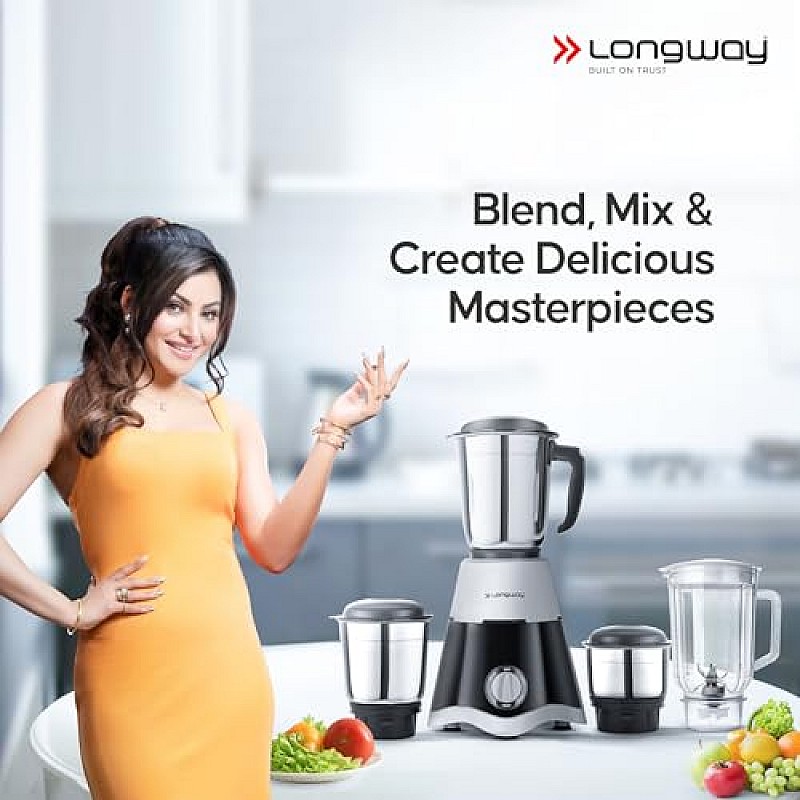 Longway Super Dlx 750 Watt Juicer Mixer Grinder with 4 Jars for Grinding, Mixing, Juicing Black  Gray, 4 Jars