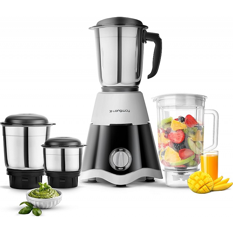 Longway Super Dlx 750 Watt Juicer Mixer Grinder with 4 Jars for Grinding, Mixing, Juicing Black  Gray, 4 Jars