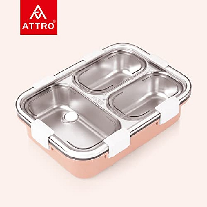 Attro Bento 3 Compartment Stainless Steel Lunch Box with Steel Cutlery Inside 750 ml Pink