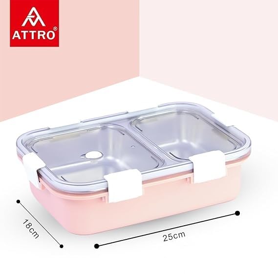 Attro Bento 3 Compartment Stainless Steel Lunch Box with Steel Cutlery Inside 750 ml Pink Attro Bento 3 Compartment Stainless Steel Lunch Box with Steel Cutlery Inside 750 ml Pink