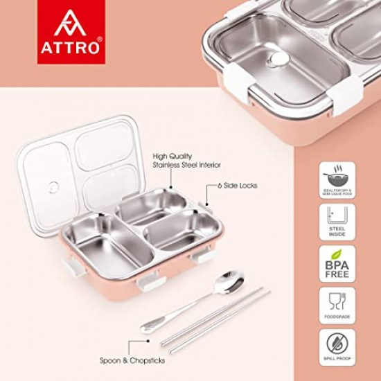 Attro Bento 3 Compartment Stainless Steel Lunch Box with Steel Cutlery Inside 750 ml Pink