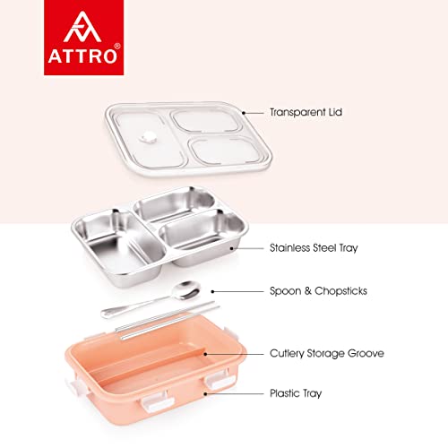Attro Bento 3 Compartment Stainless Steel Lunch Box with Steel Cutlery Inside 750 ml Pink Attro Bento 3 Compartment Stainless Steel Lunch Box with Steel Cutlery Inside 750 ml Pink