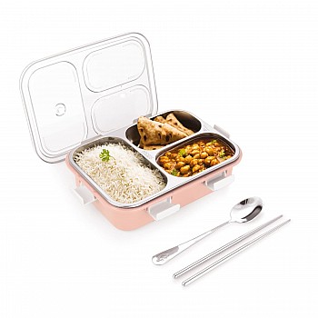 Attro Bento 3 Compartment Stainless Steel Lunch Box with Steel Cutlery Inside 750 ml Pink