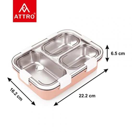 Attro Bento 3 Compartment Stainless Steel Lunch Box with Steel Cutlery Inside 750 ml Pink