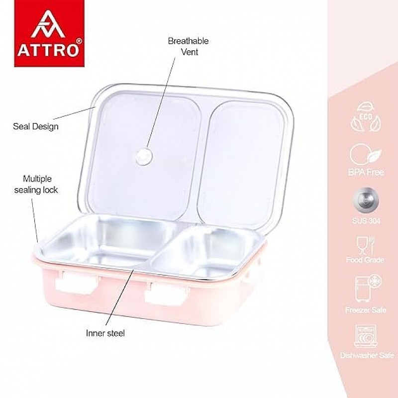 Attro Bento 3 Compartment Stainless Steel Lunch Box with Steel Cutlery Inside 750 ml Pink