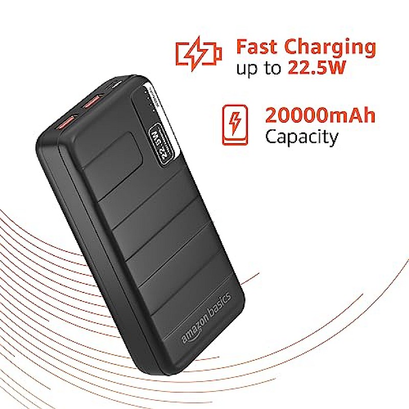 Amazon Basics 20000mAh 12W Lithium-Polymer Power Bank Dual Input, Dual Output Black, Type-C Cable Included