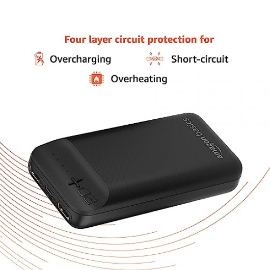 Amazon Basics 20000mAh 12W Lithium-Polymer Power Bank Dual Input, Dual Output Black, Type-C Cable Included
