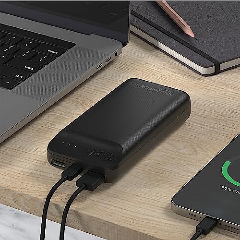 Amazon Basics 20000mAh 12W Lithium-Polymer Power Bank Dual Input, Dual Output Black, Type-C Cable Included