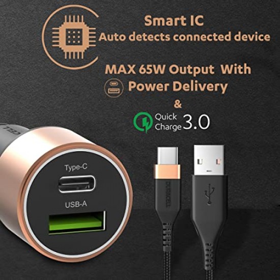 Duracell 65W Fast Car Charger Adapter with Dual Output. Quick Charge, Type C PD 45W Qualcomm Certified 3.0 20W (Copper  Black)