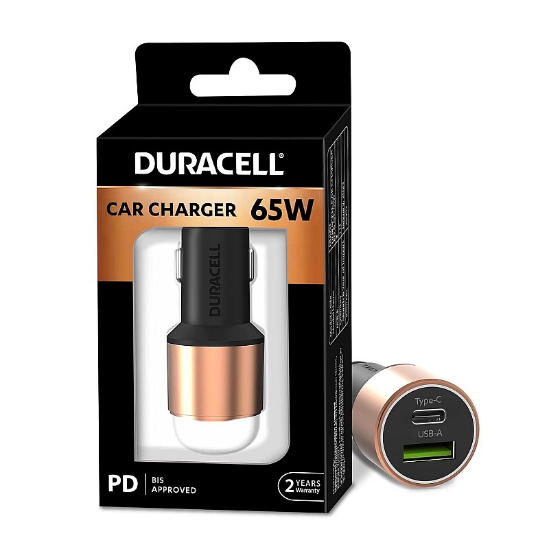 Duracell 65W Fast Car Charger Adapter with Dual Output. Quick Charge, Type C PD 45W Qualcomm Certified 3.0 20W (Copper  Black)